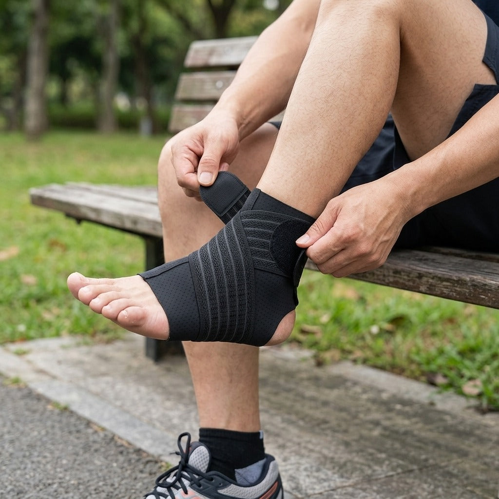 Ankle Compression Sleeve with Adjustable Strap - in use