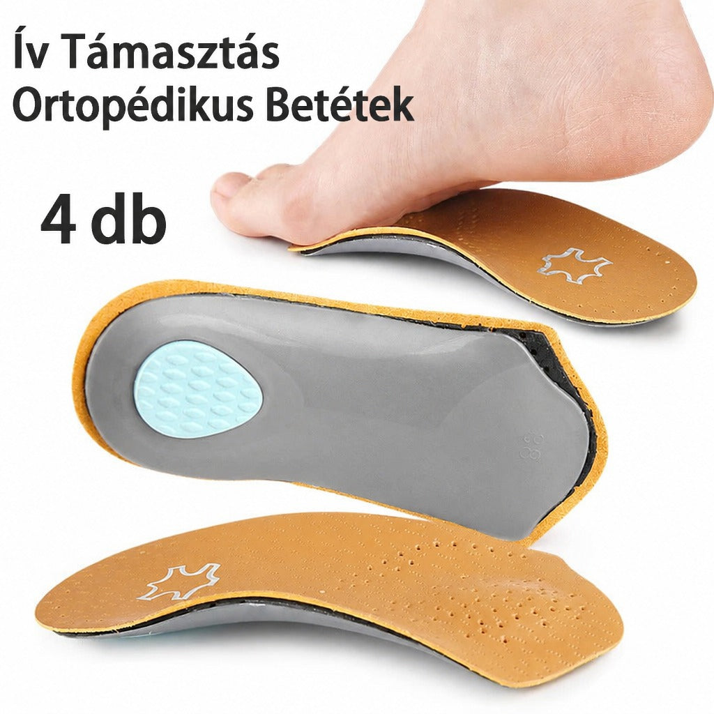 Ortopédikus lúdtalptalbetétek 4 darabos kiszerelésben, lábfejjel bemutatva a használatot.