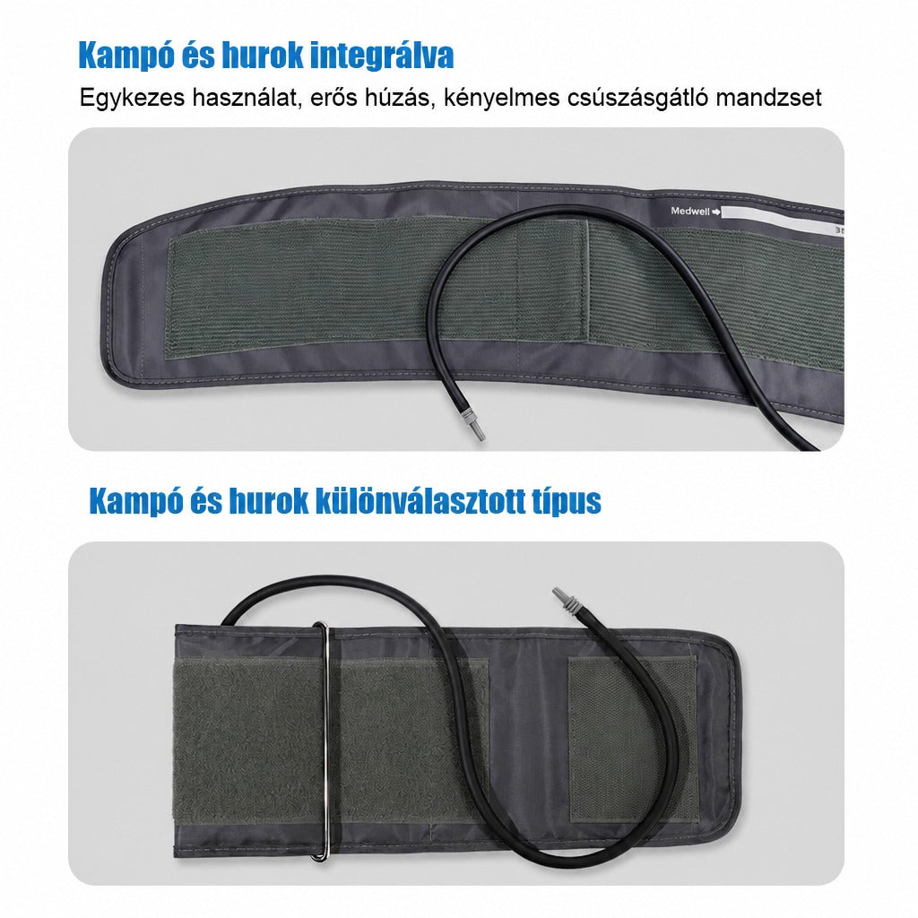 Integrált és különválasztott típusú tépőzáras mandzsetták vérnyomásmérőhöz.