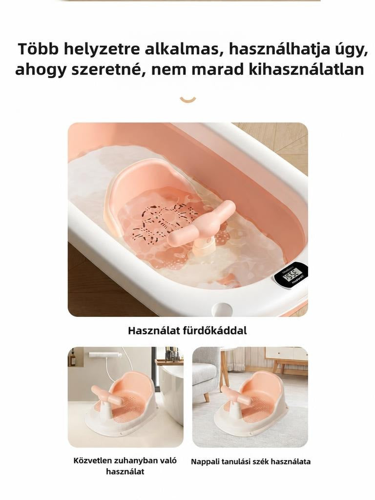 Többfunkciós babafürdető szék használata fürdőkádban, zuhanyzóban és nappaliban.