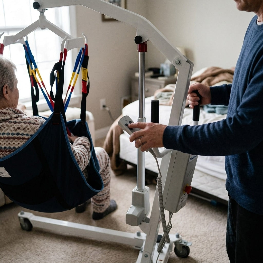 Battery-Powered Patient Floor Lift and Transfer Hoist - in use