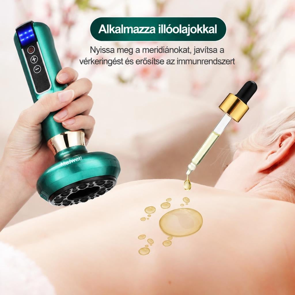 Masszírozó készülék használata illóolajjal a háton.
