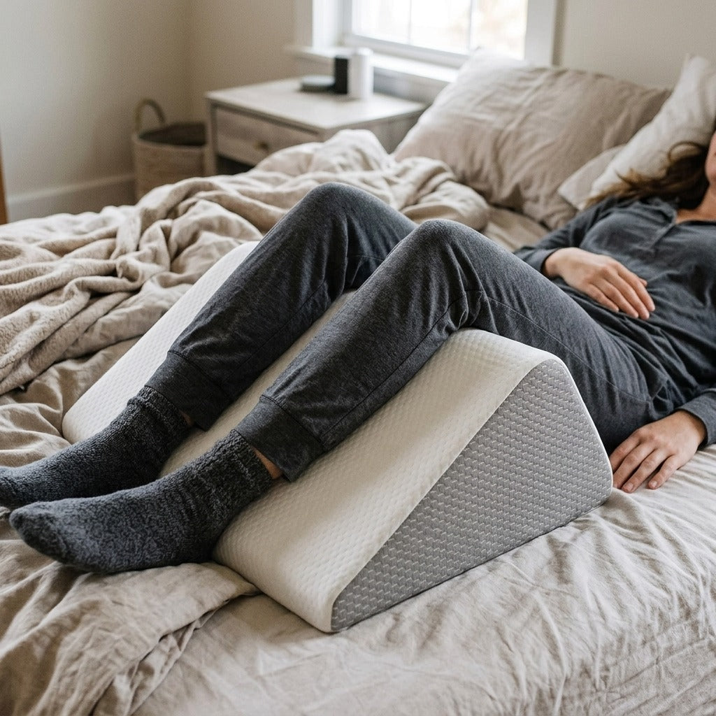 Bed Positioning Wedge Pillow for Back, Legs or Knees - in use
