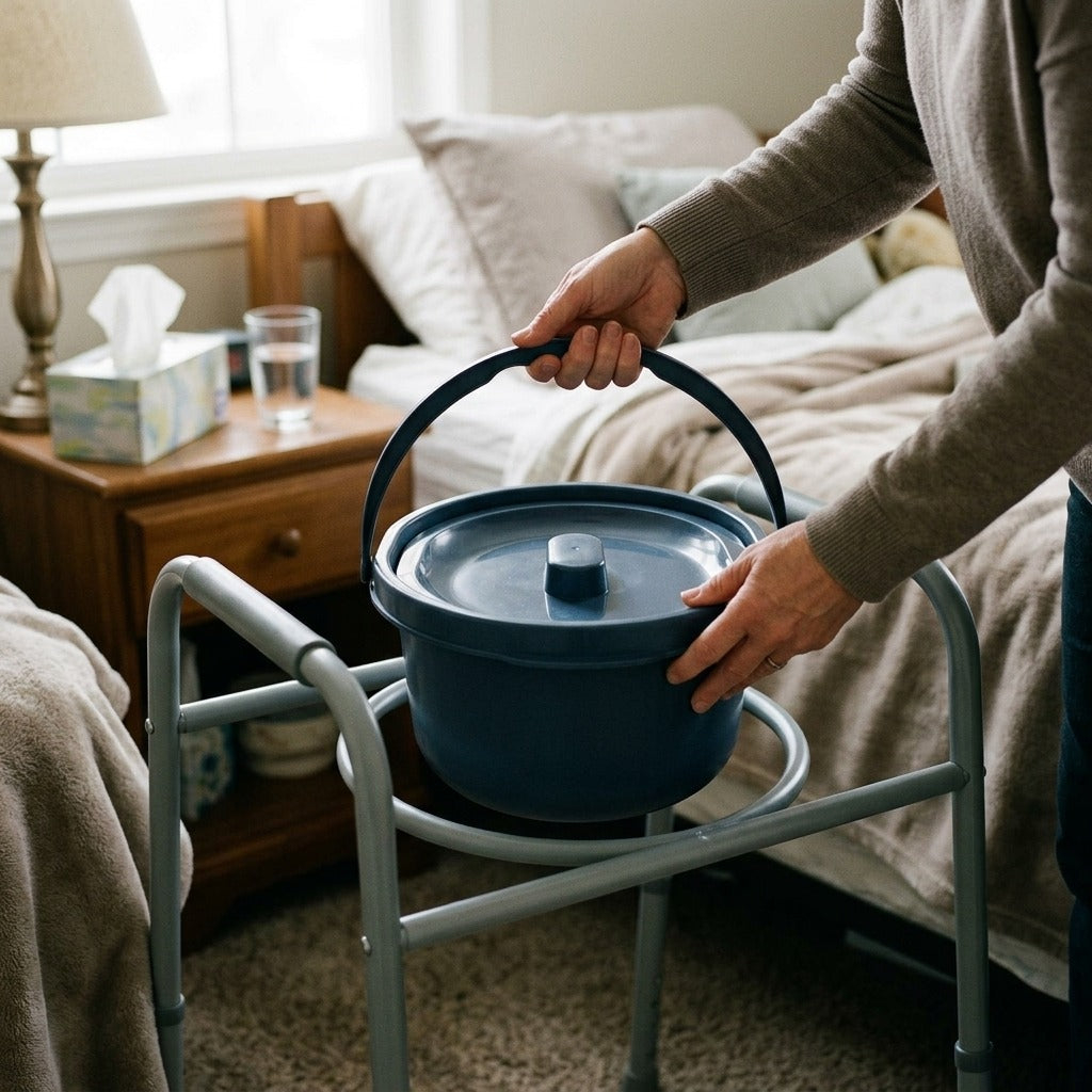 Bedside Commode Bucket with Lid and Handles - in use