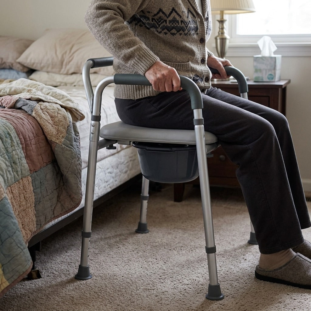 Bedside Commode Chair with Padded Seat and Arms - in use