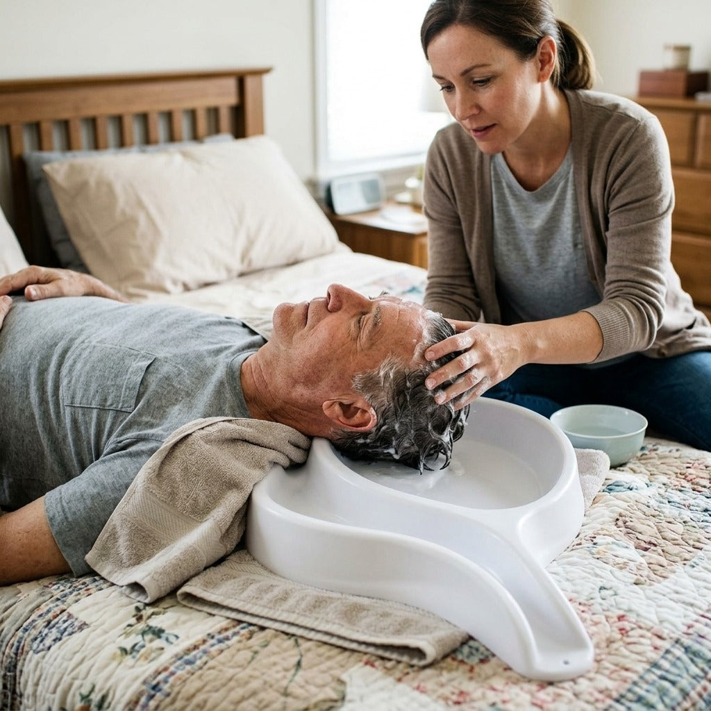 Bedside Hair Washing Basin for Home Care - in use