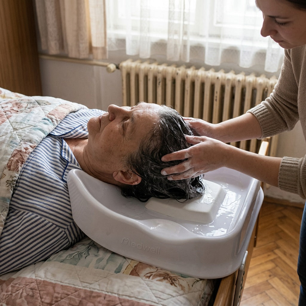 Ágy melletti hajmosó tál otthoni ápoláshoz - használat közben