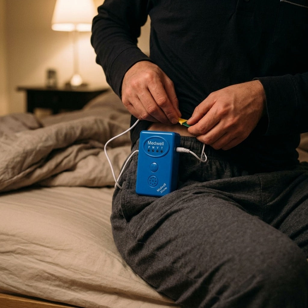 Bedwetting Alarm with Sensor and Clamp - in use