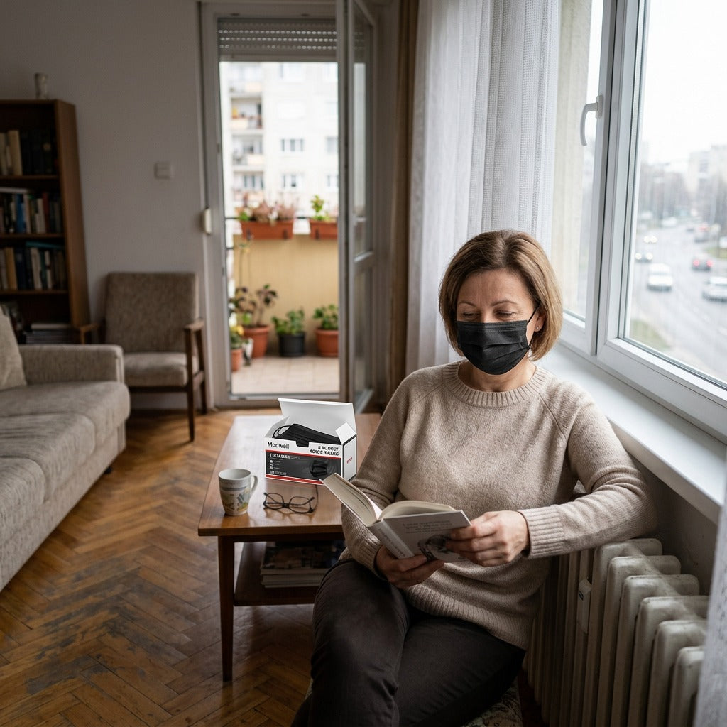 Fekete, háromrétegű eldobható maszk felnőtteknek - a mindennapokban