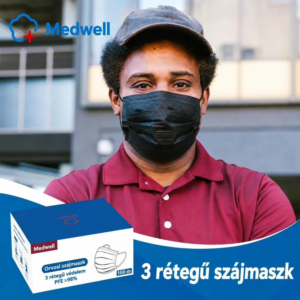 Fekete, háromrétegű eldobható maszk felnőtteknek