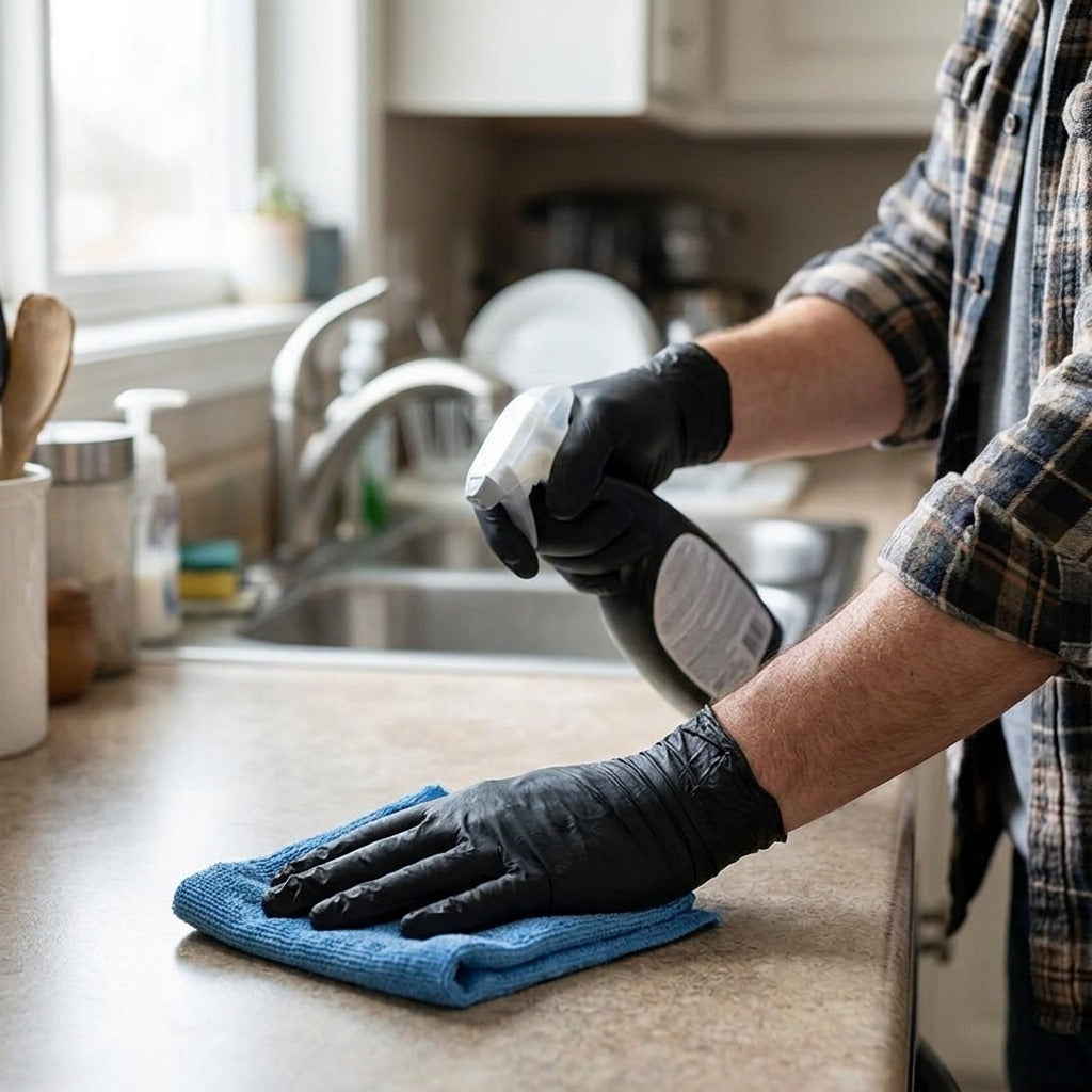 Black Nitrile Disposable Gloves, Multiple Sizes - in use