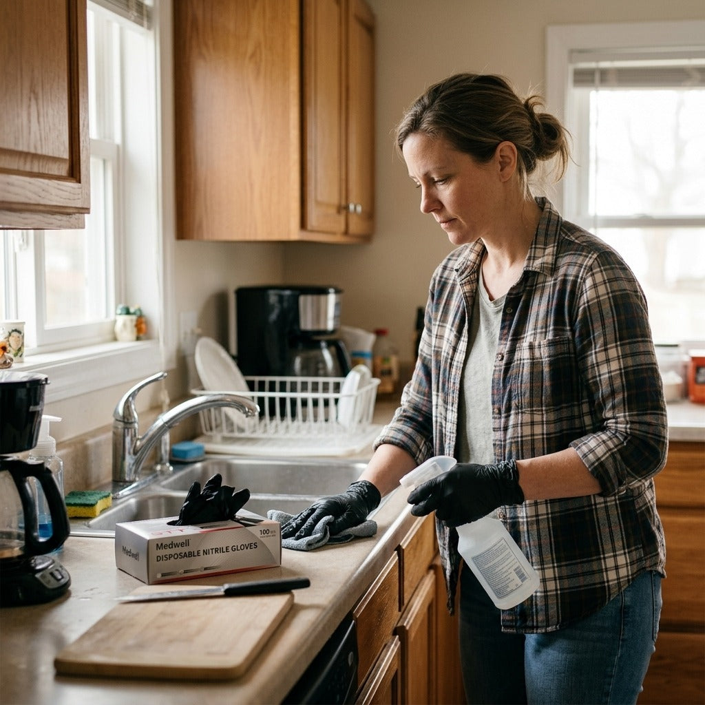 Black Nitrile Disposable Gloves, Multiple Sizes - at home