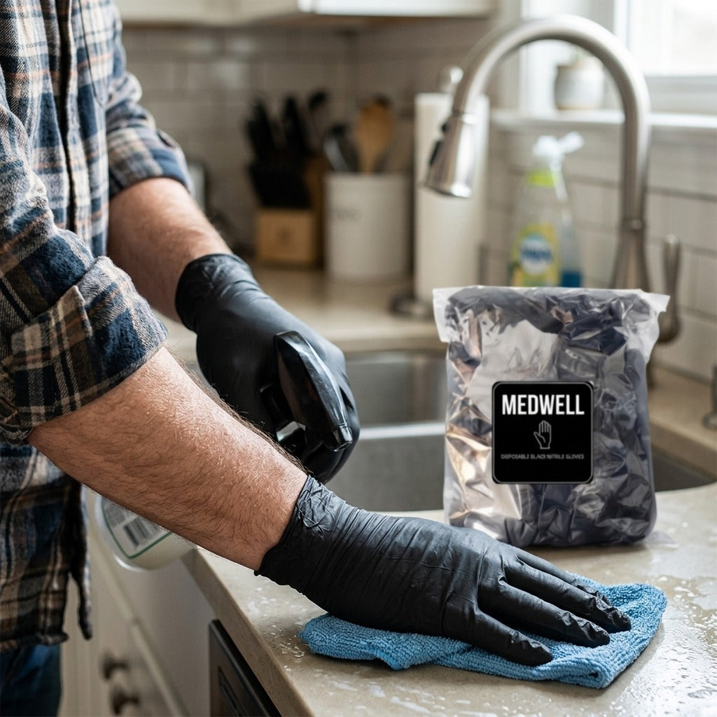 Black Powder-Free Nitrile Disposable Gloves - in use