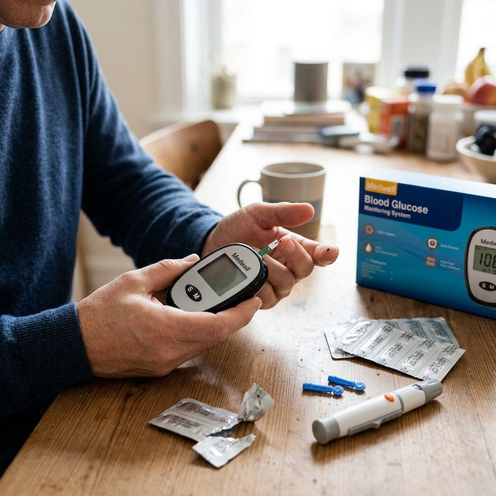 Blood Glucose Meter Kit with Individually Wrapped Test Strips - in use