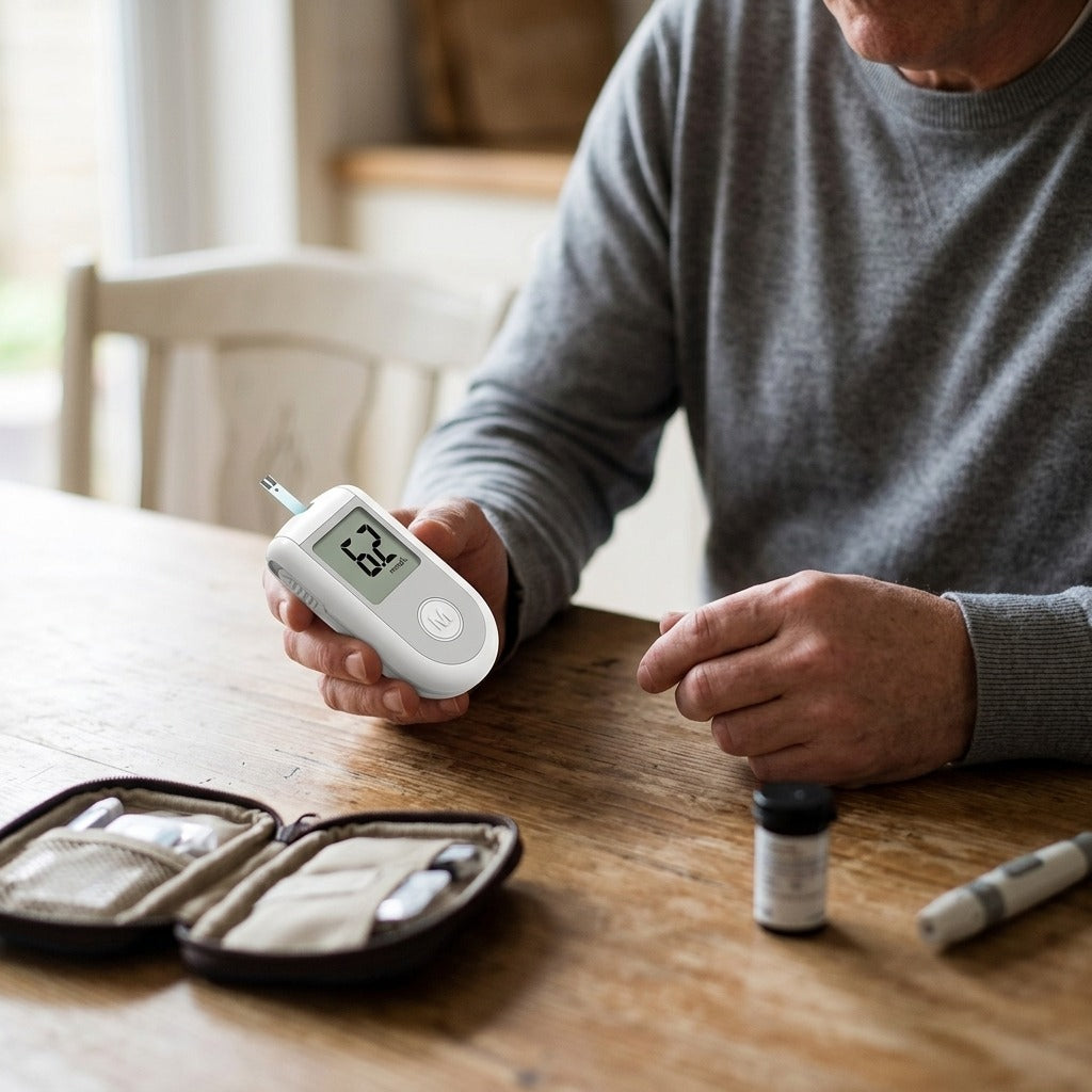 Blood Glucose Meter Kit with Strips and Lancets - in use