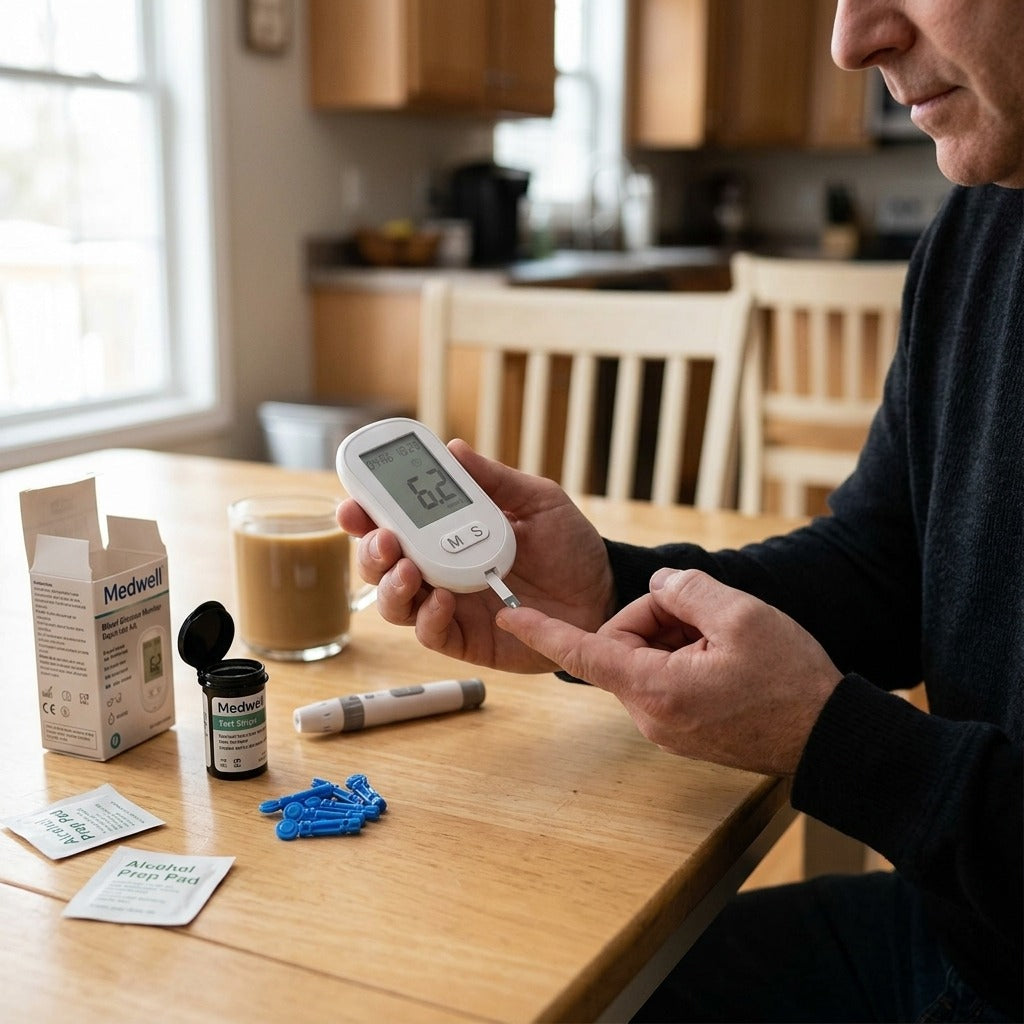 Blood Glucose Monitor Kit with 50 Strips and Lancets - in use