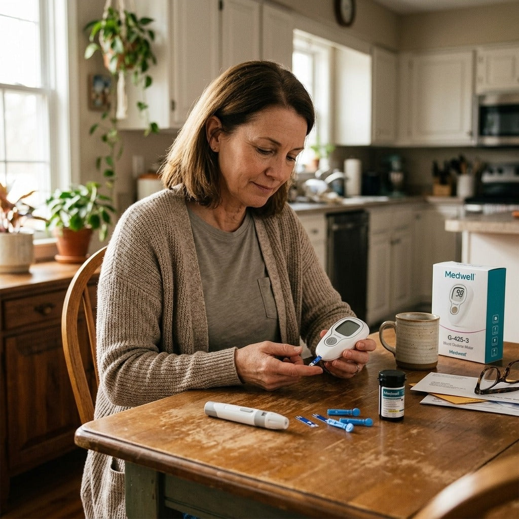 Blood Glucose Monitor Kit with Strips and Lancets - at home