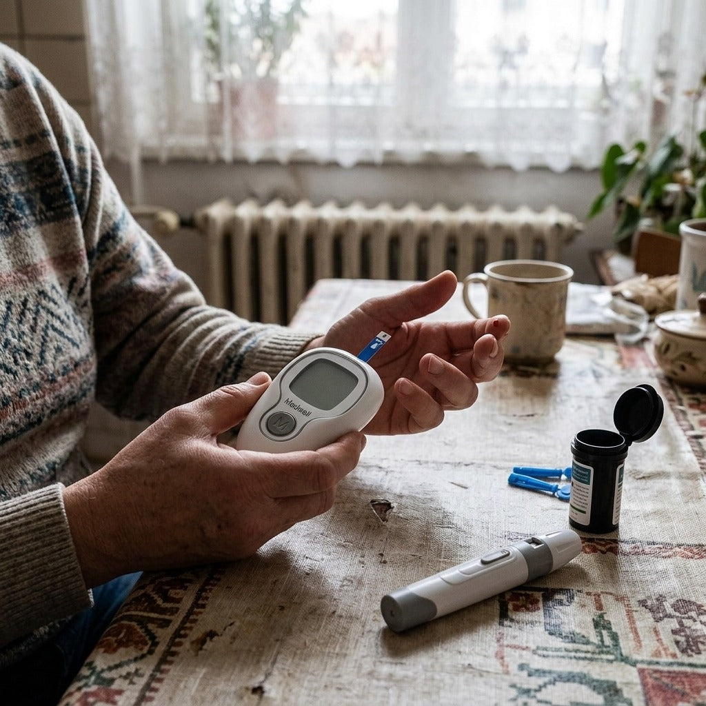 Vércukormérő készlet tesztcsíkokkal és lándzsákkal - használat közben