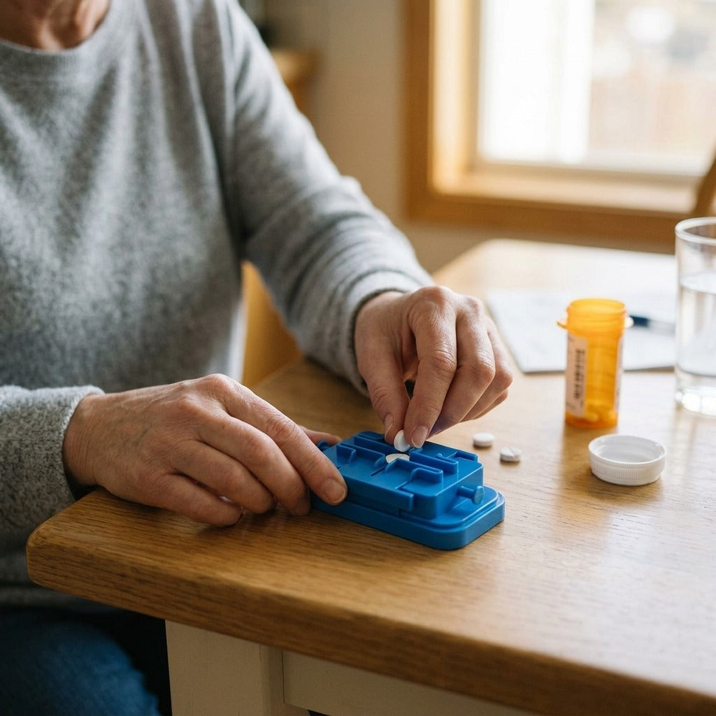 Blue Pill Cutter for Half or Quarter Tablets - in use