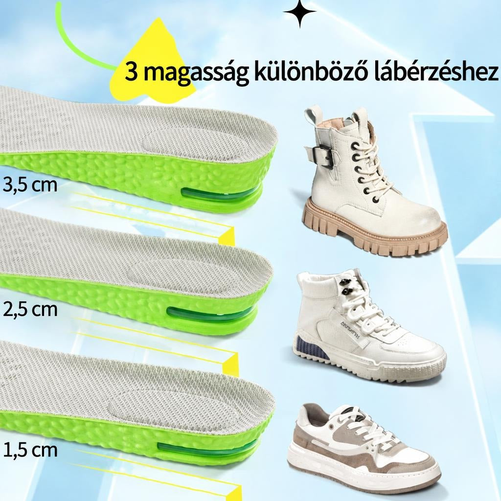 Különböző magasságú sarokemelő talpbetétek és hozzájuk illő cipők.