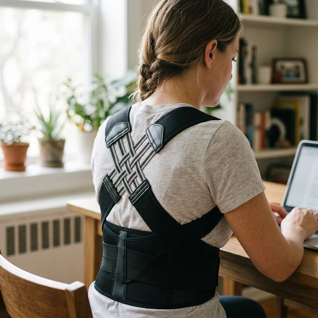Breathable Back Posture Corrector with Shoulder Support - in use