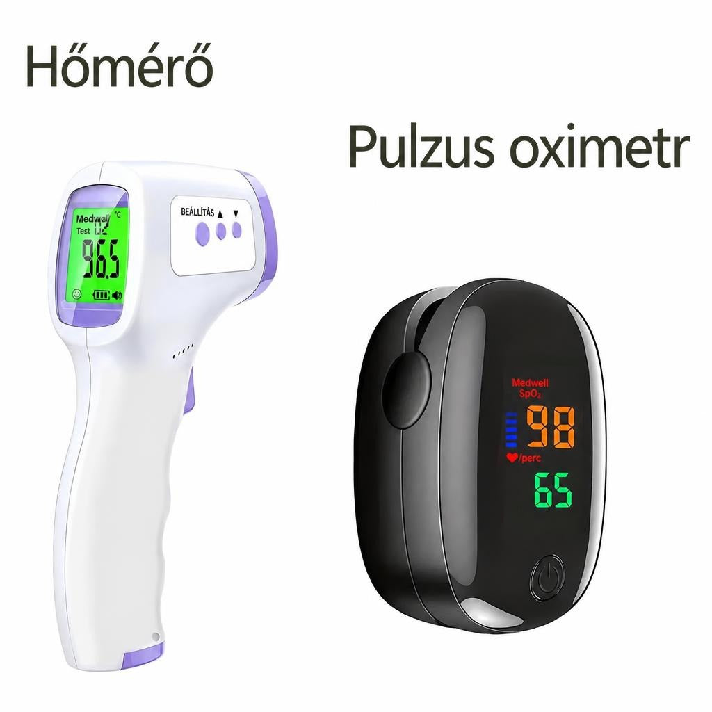 Fehér színű érintésmentes lázmérő és fekete ujjra csíptethető pulzoximéter.