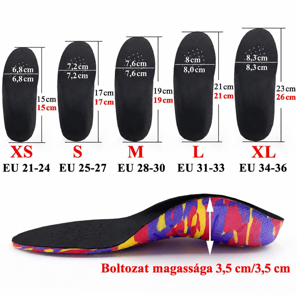 Különböző méretű talpbetétek pontos méretei és a boltozat magassága.