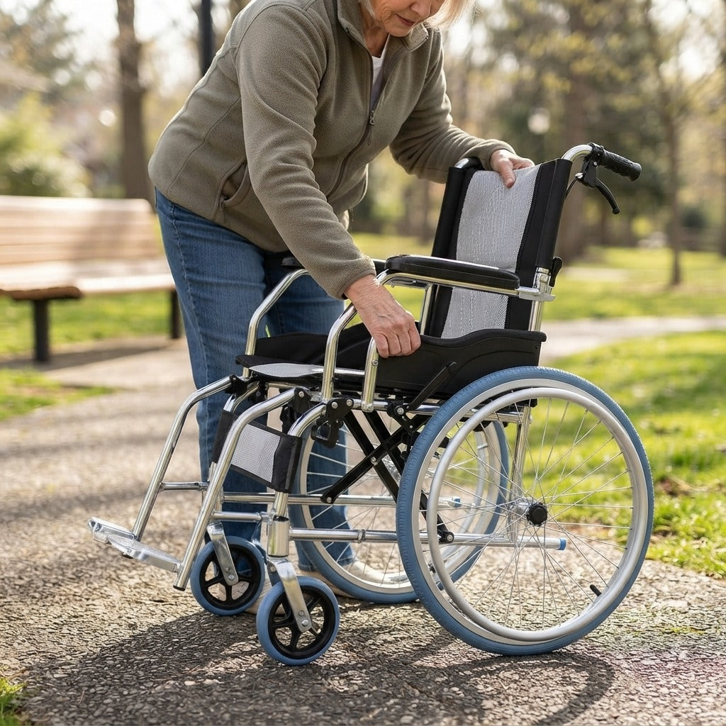 Compact Foldable Manual Travel Wheelchair - in use