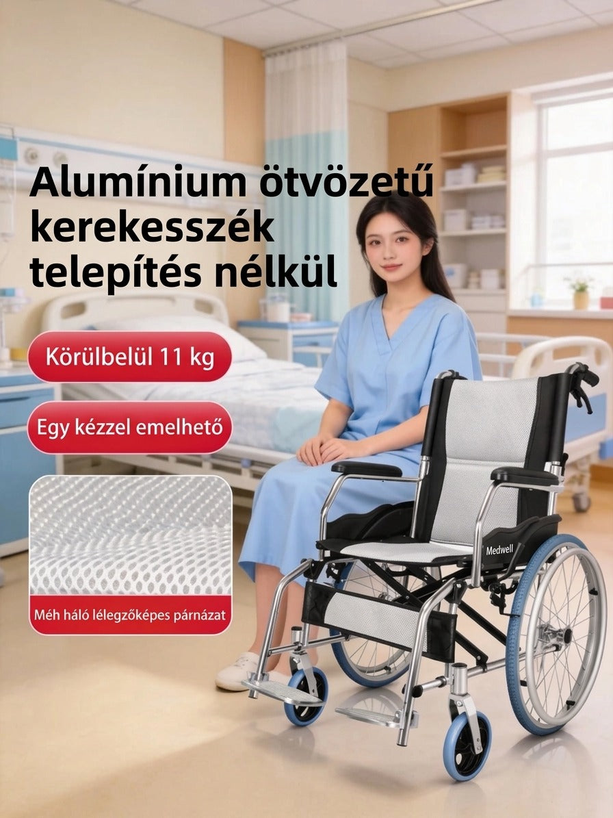 Összecsukható könnyű alumínium kerekesszék kórházi környezetben, légáteresztő párnázattal.