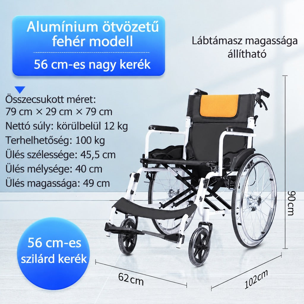 Fehér alumínium vázas kerekesszék méretekkel és műszaki adatokkal.