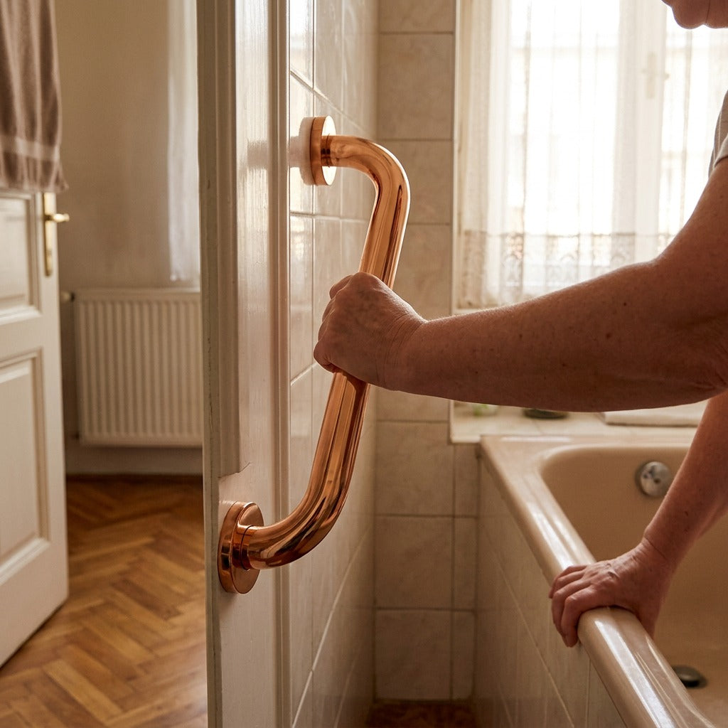 Réz fürdőszobai kapaszkodó, 30–50 cm - használat közben