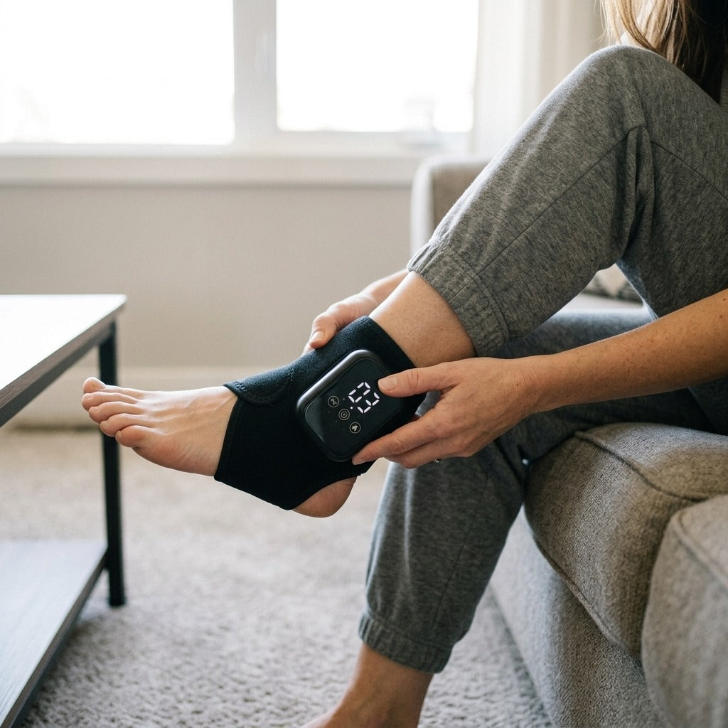Cordless Heated Ankle Brace with 3 Heat Levels - in use