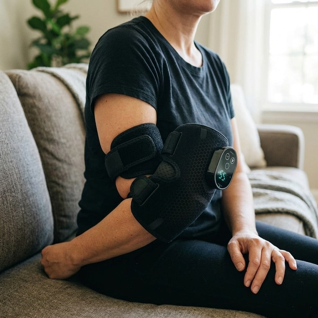 Cordless Heated Elbow Massage Brace with Vibration - in use
