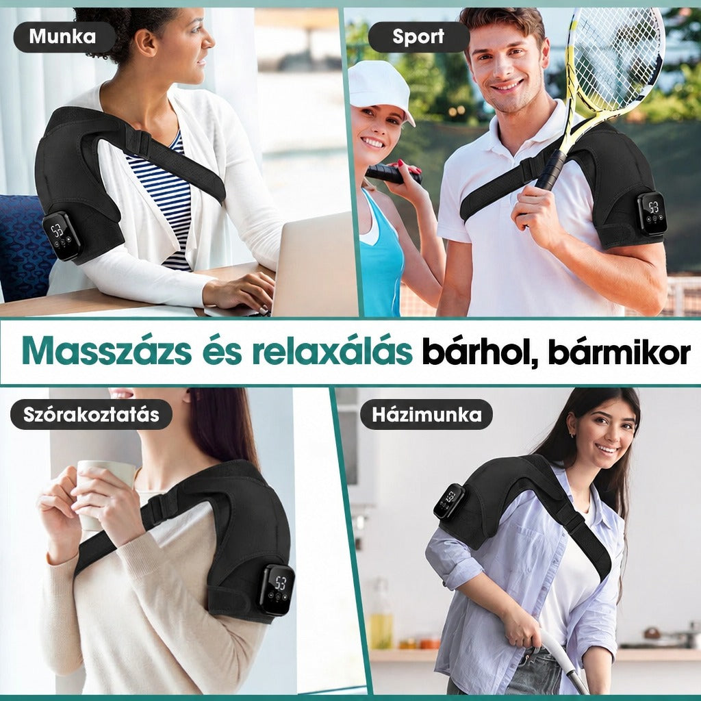 Vállmasszírozó készülék használata munka, sport, szórakozás és házimunka közben.