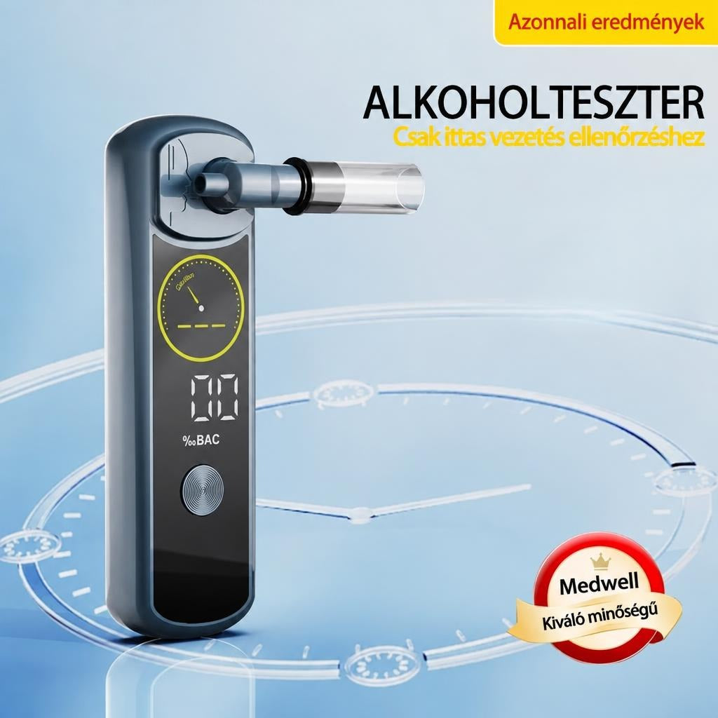 Digitális alkoholteszter szájcsutorával, óralap háttérrel és Medwell minőségi pecséttel.