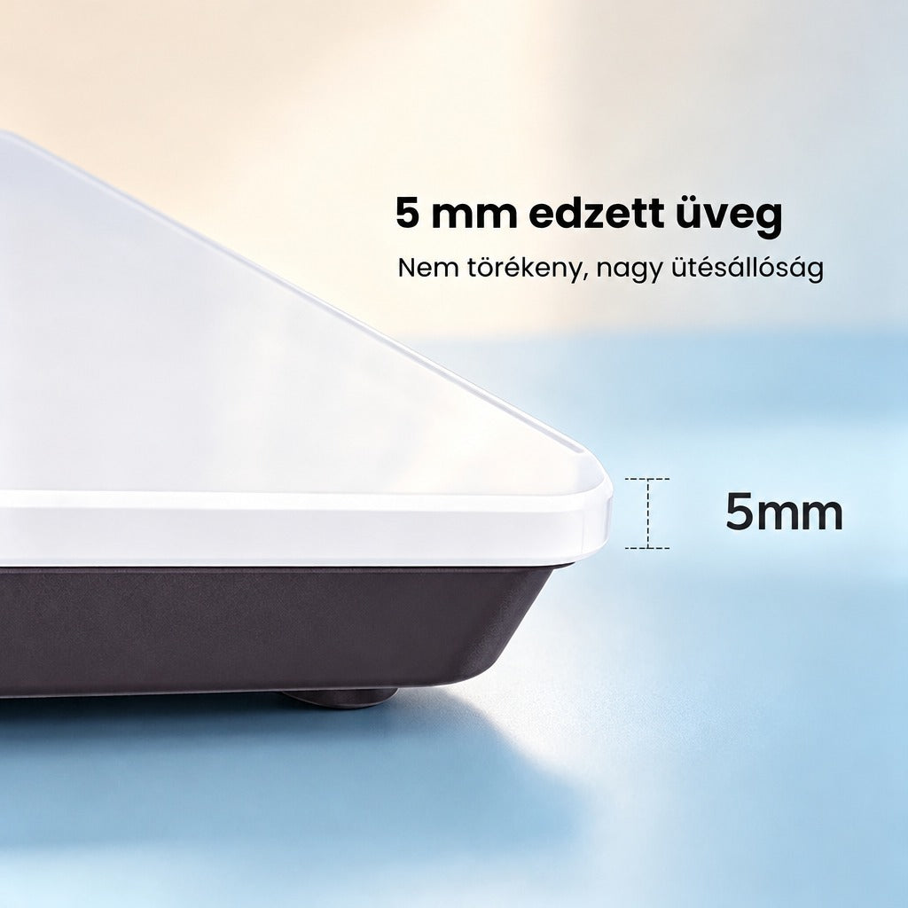 Személymérleg sarka és az 5 mm vastag edzett üveglap bemutatása.
