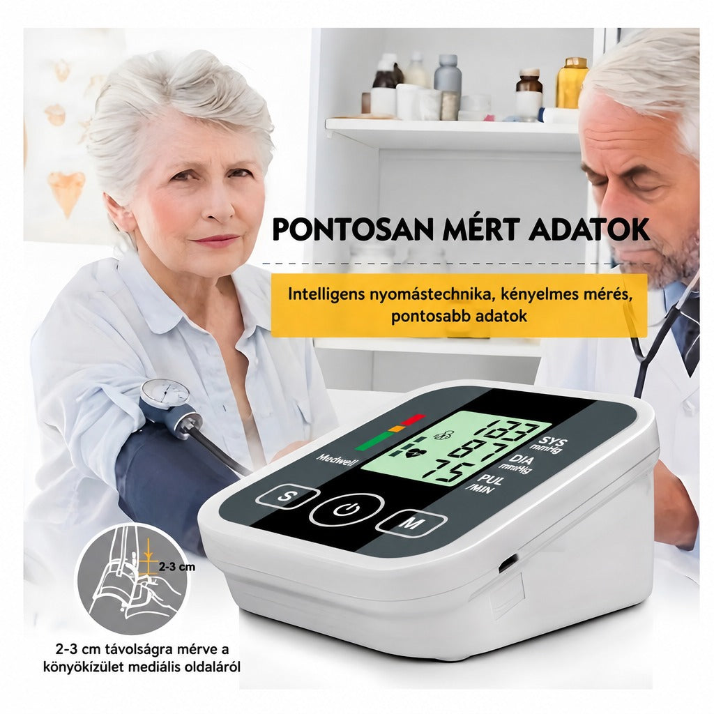 Digitális felkaros vérnyomásmérő készülék és orvosi vérnyomásmérés.