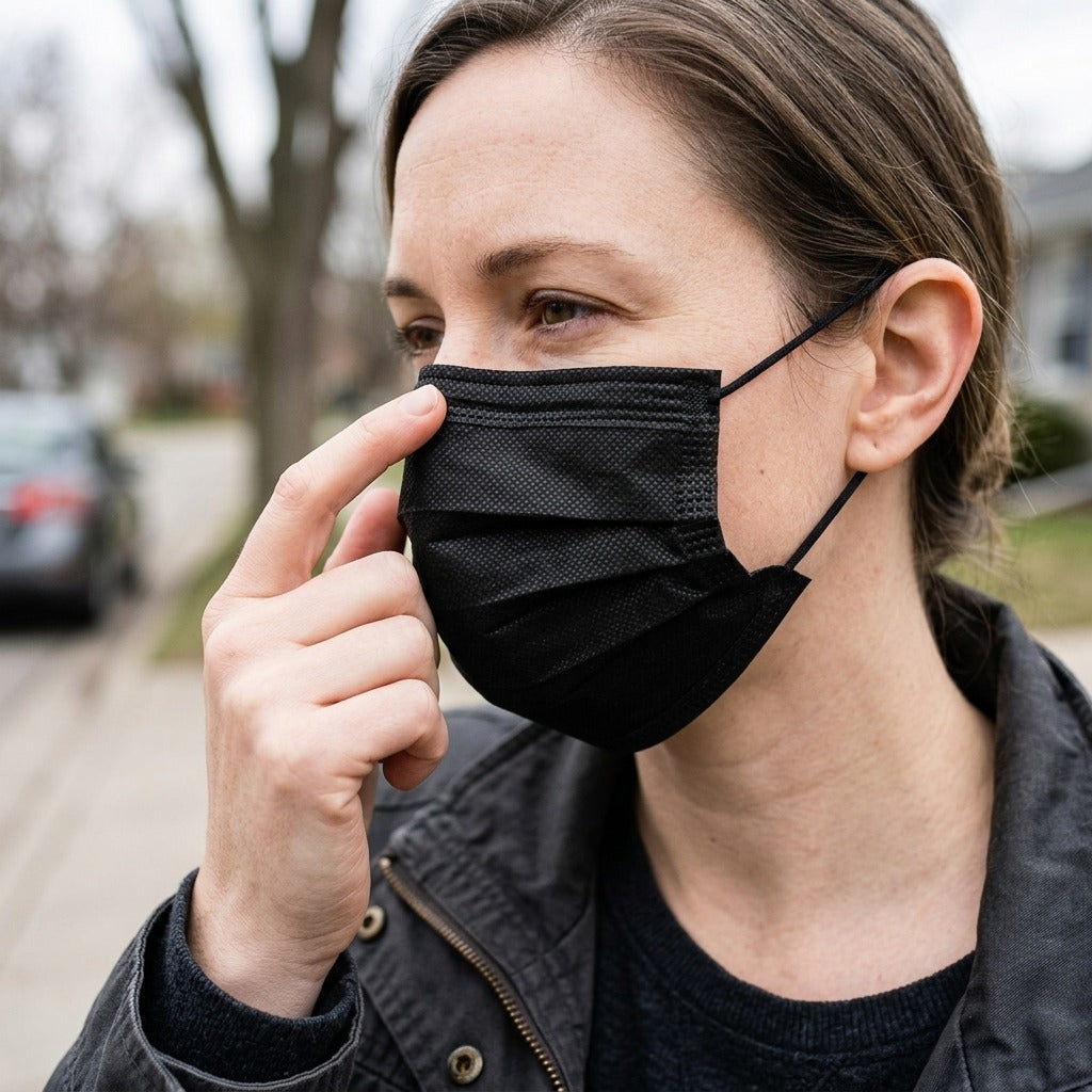 Disposable 3-Layer Earloop Face Mask - in use
