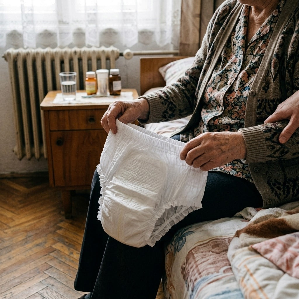 Eldobható, felhúzható felnőttpelenka, M–XXL - használat közben