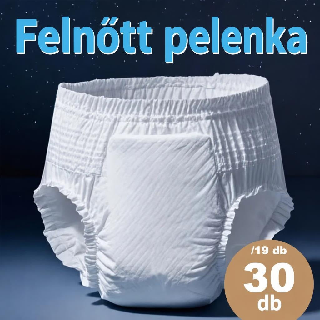 Fehér felnőtt pelenka sötétkék háttér előtt, 30 darabos kiszerelésben feltüntetve.