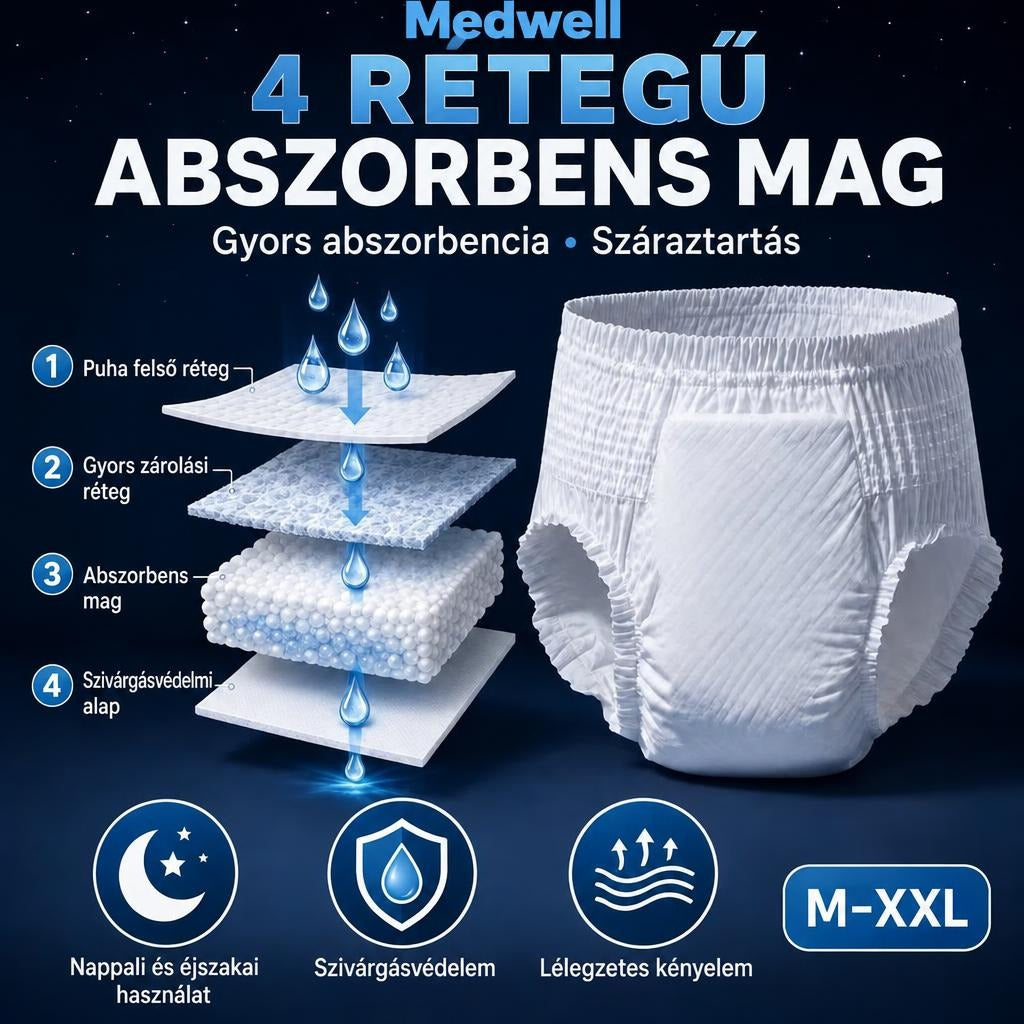 Eldobható, felhúzható felnőttpelenka, M–XXL