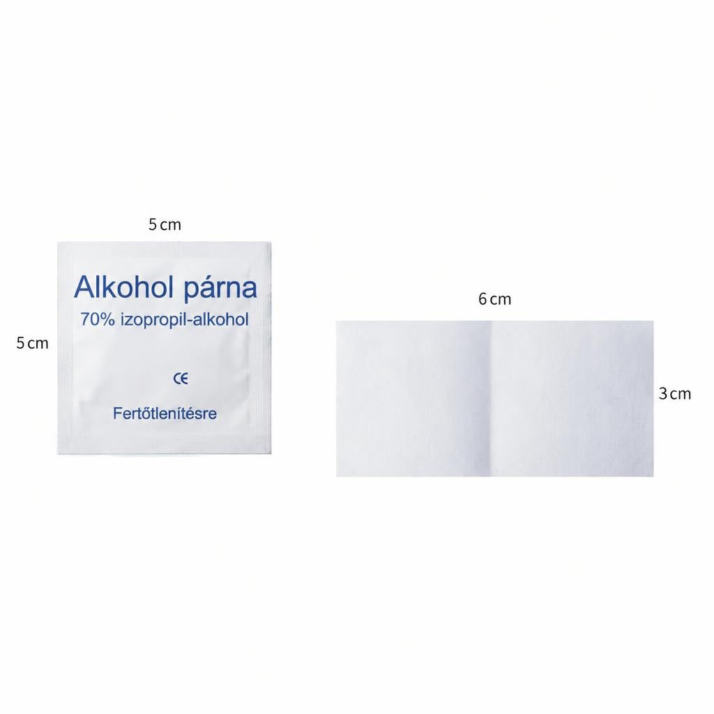 Fertőtlenítő alkoholos törlőkendő és csomagolása méretekkel.