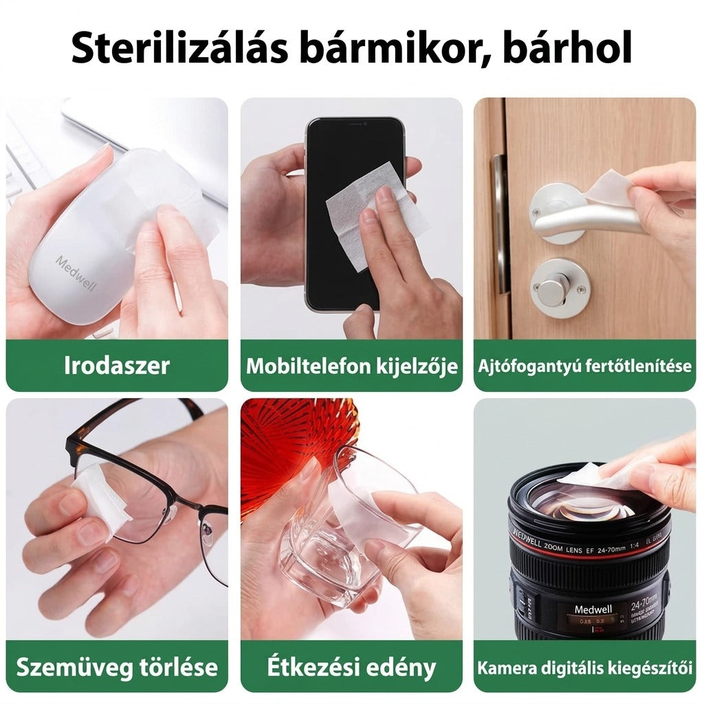 Fertőtlenítő kendő használata különféle felületeken: egér, telefon, kilincs, szemüveg, pohár és objektív.