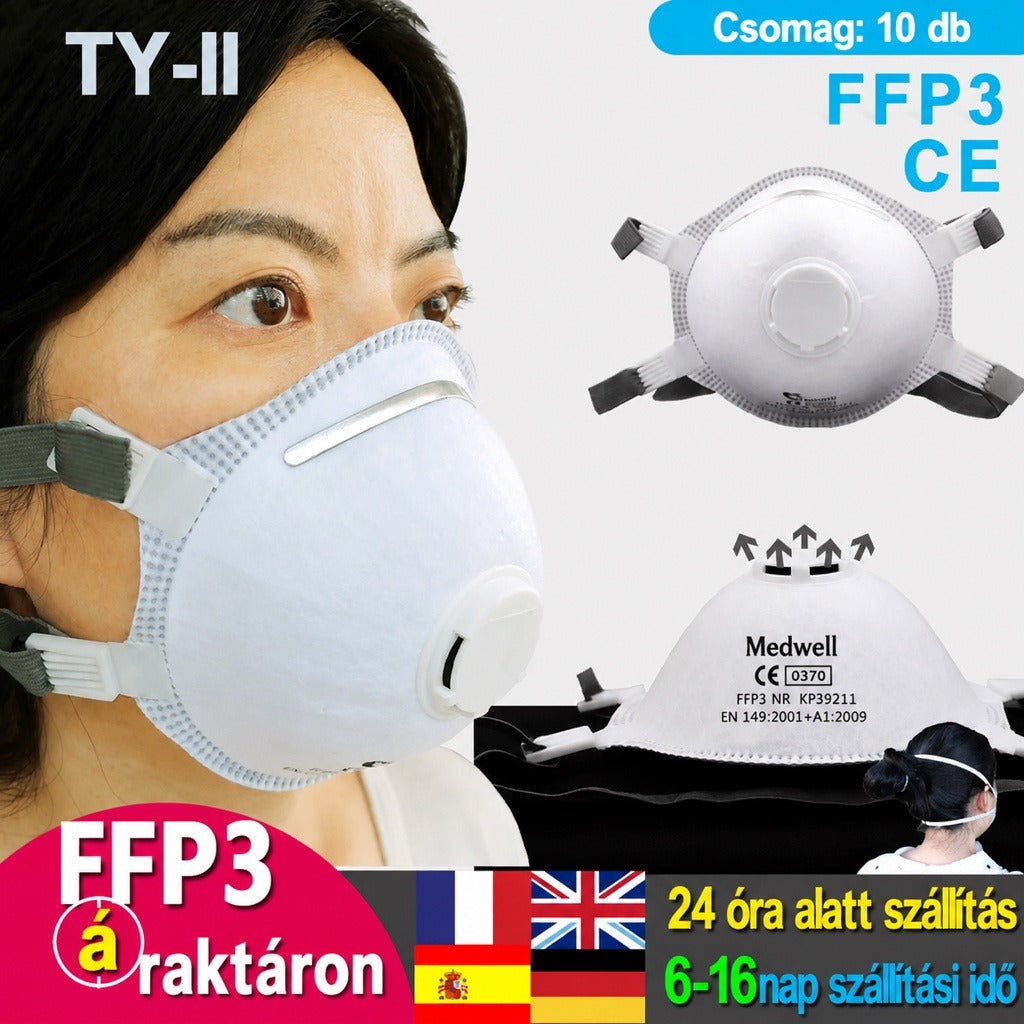 TY-II típusú FFP3 szelepes védőmaszk női arcon bemutatva.