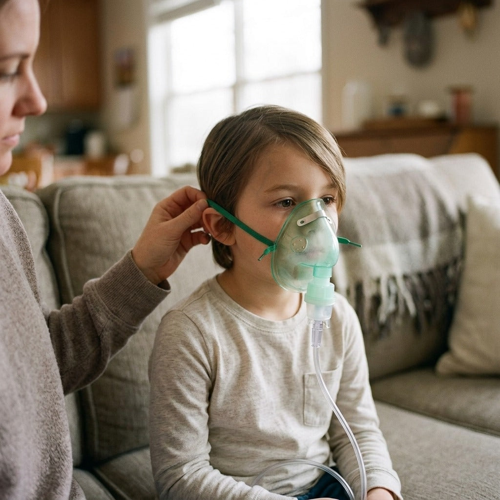 Disposable Nebulizer Mask Cup with 2 m Tube - in use