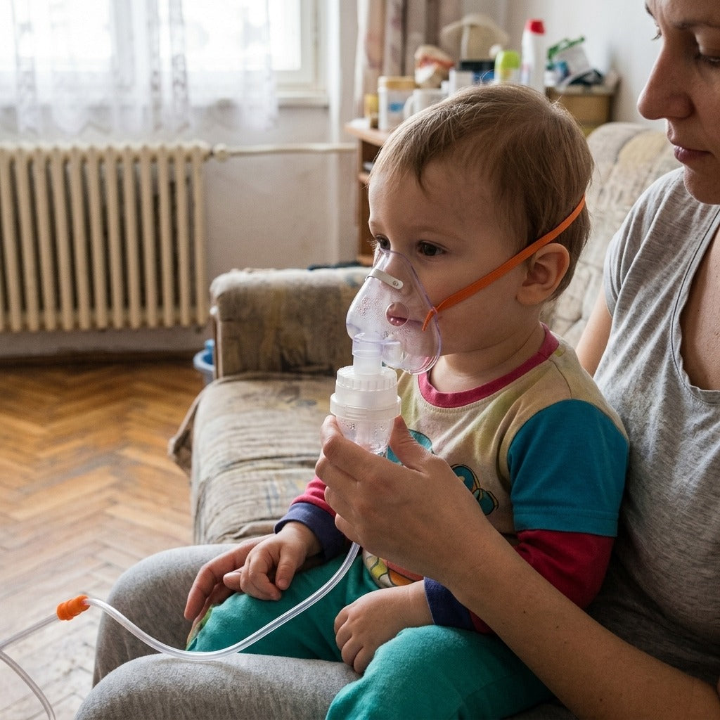 Eldobható inhalátormaszk szett tartállyal és csővel - használat közben