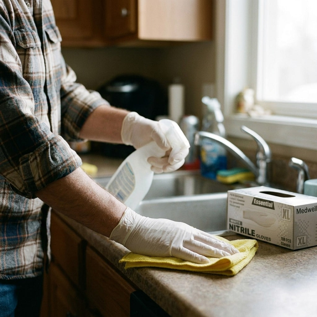 Disposable White Nitrile Gloves, Latex-Free - in use