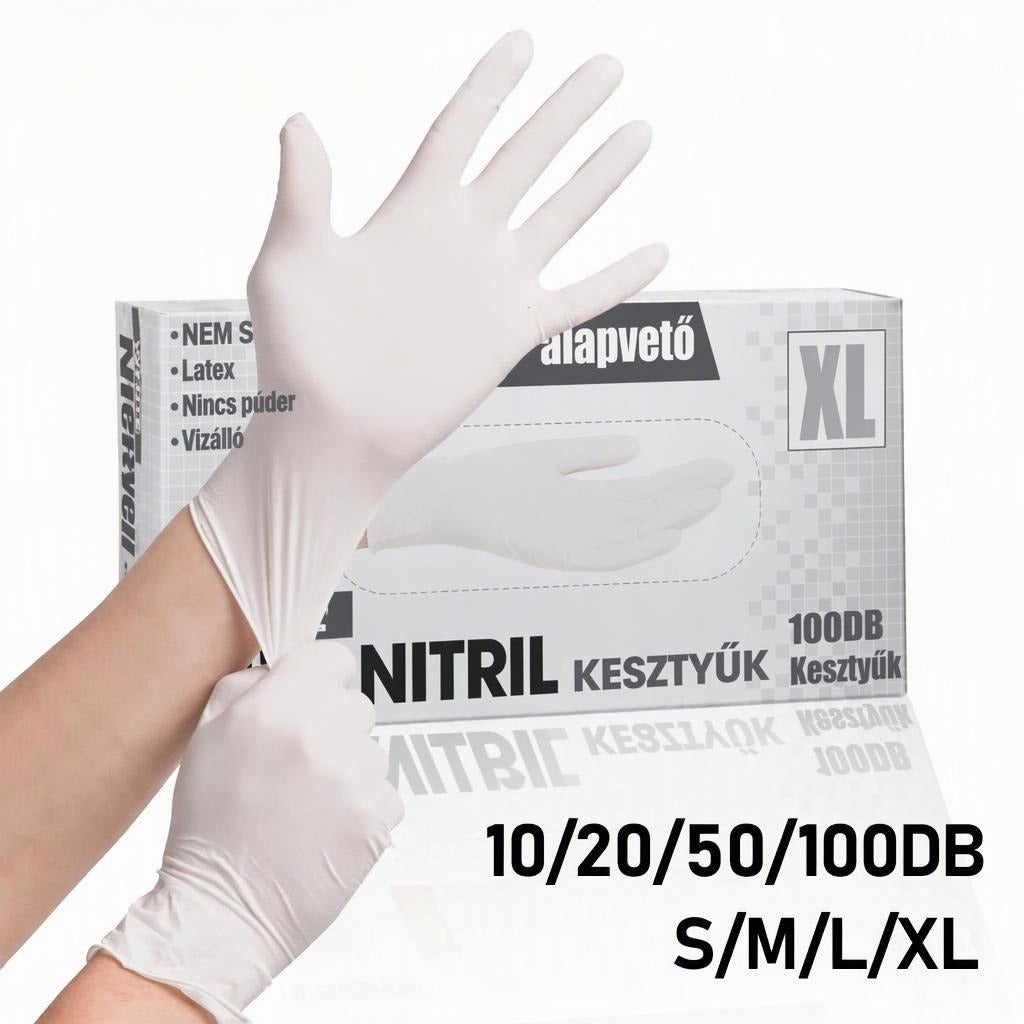 Fehér nitril kesztyűt felvevő kéz a termék doboza előtt.