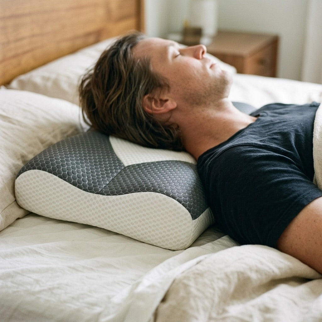 Double-Sided Contour Pillow for Neck Support - in use