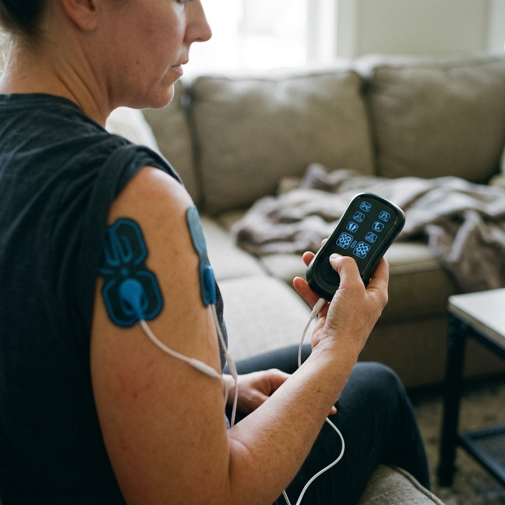 Dual-Channel TENS EMS Muscle Stimulator - in use